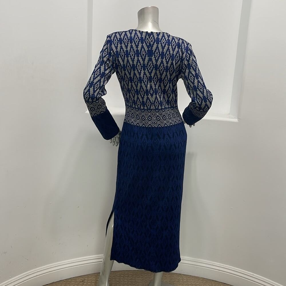 St. John Evening Diamond Jacquard Knit Maxi Dress Navy Blue Silver Long Sleeve 4 - Picture 13 of 14